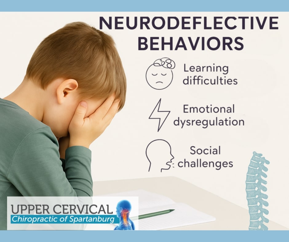Child covering face at desk beside educational graphic about neurodeflective behaviors including learning difficulties, emotional dysregulation, and social challenges.