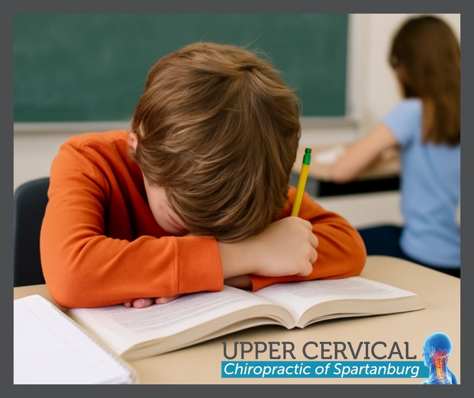Young boy in orange shirt slumped over a book in a classroom, showing signs of emotional fatigue or learning difficulty, while another student works in the background.